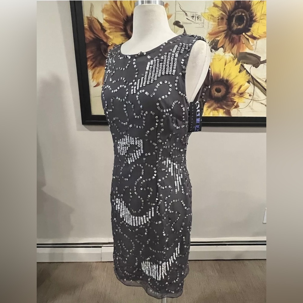 NWT PISARRO NIGHTS GREY 100% SILK BEADED & SEQUIN FLOWY BACK SHEATH DRESS SIZE 8